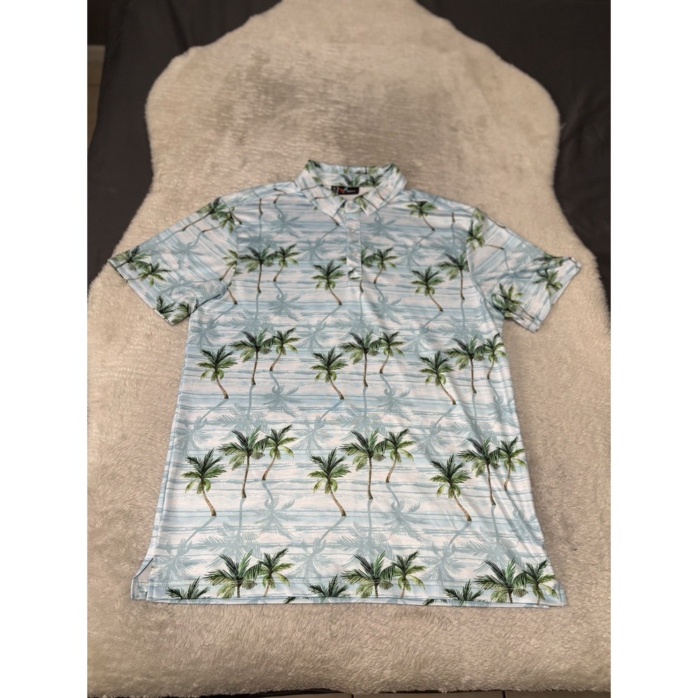 Yatta Golf Polo Shirt Mens Size Medium Blue‎ Palm Tree Performance Stretch